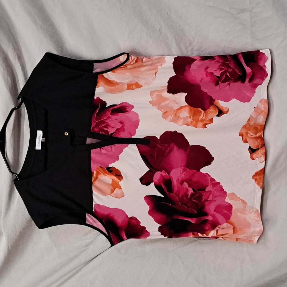 1X Calvin Klein sleeveless summer floral peach,purple,pink,black & white top